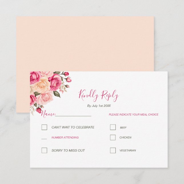Cartons Réponse Élégant Fucia Rose rose et ivoire Mariage (Devant / Derrière)