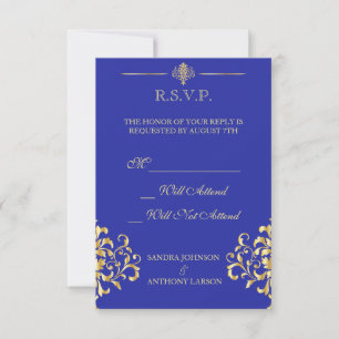 Cartons Réponse Elegant Gold et Blue Mariage damassé R.S.V.P.