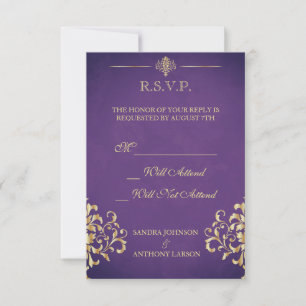 Cartons Réponse Elegant Gold et Purple Mariage damassé R.S.V.P.