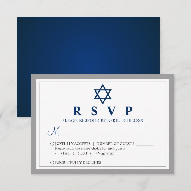 Cartons Réponse Elegant Grey et Navy Blue Bar Mitzvah (Devant / Derrière)