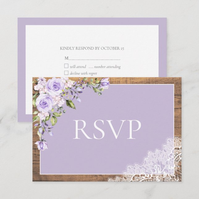 Cartons Réponse Elégant Lavande Lilac Rustique mariage de dentelle (Devant / Derrière)