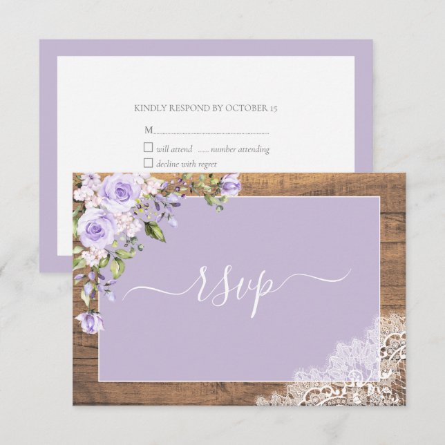 Cartons Réponse Élégant Lavande Lilac Rustique Mariage de dentelle (Devant / Derrière)
