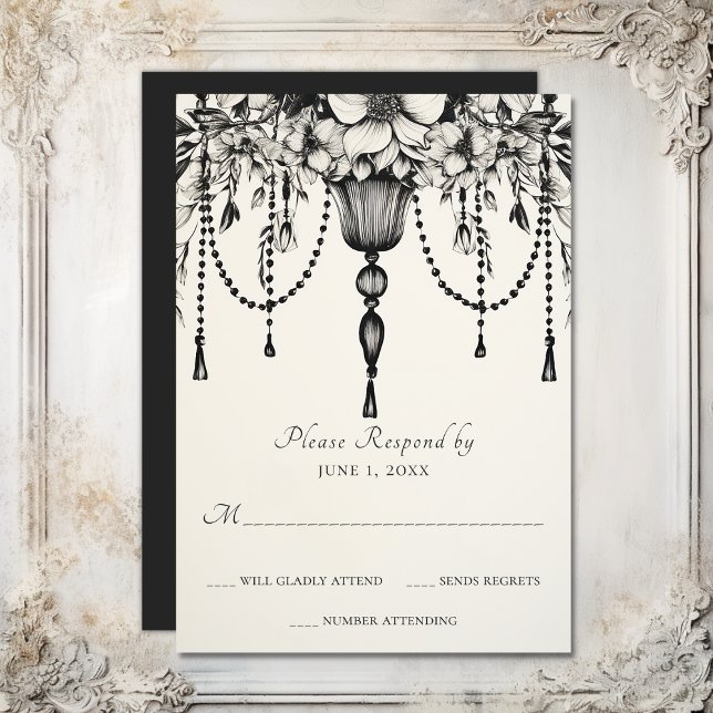 Cartons Réponse Élégant lustre floral Mariage noir et blanc (Elegant Floral Chandelier Black and White Wedding RSVP Card)