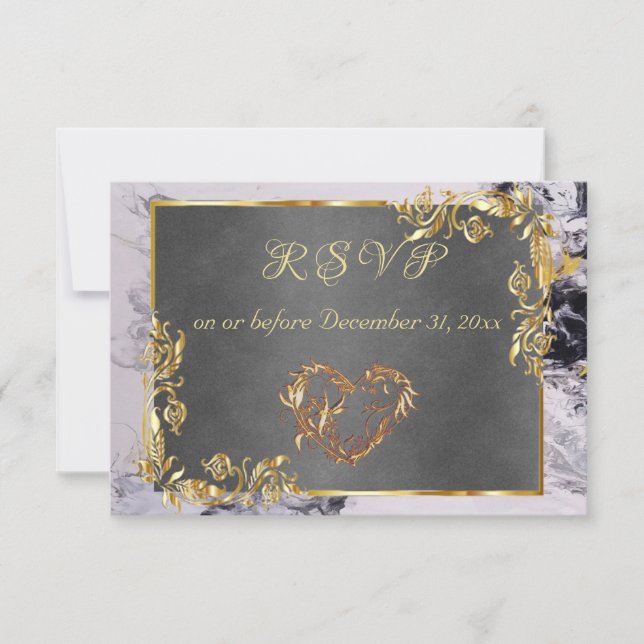 Cartons Réponse Elegant Marble, Grey, Gold Frame, Gold Heart (Devant)