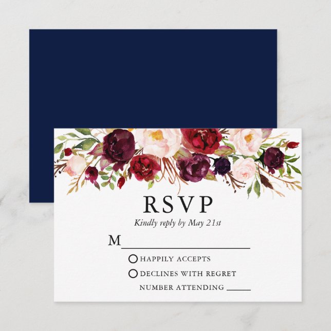 Cartons Réponse Elégant Mariage aquarelle Bourgogne bleu floral (Devant / Derrière)