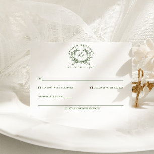 Cartons Réponse Élégant Mariage au Blason de Monogramme Vert Sauge