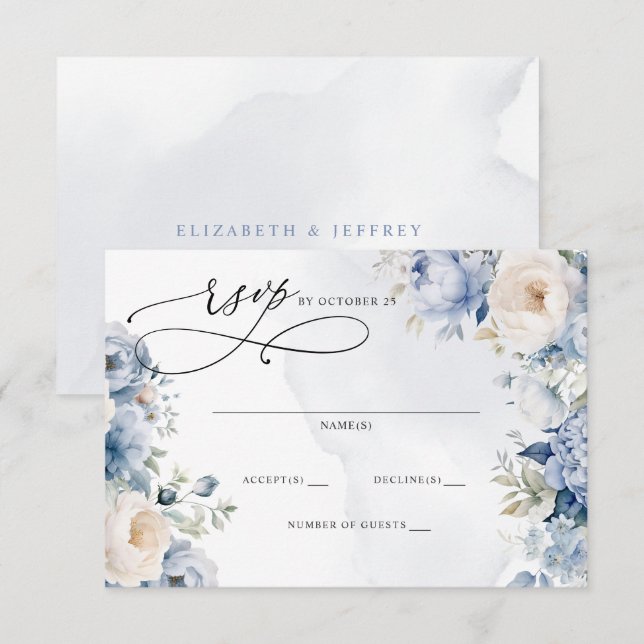 Cartons Réponse Élégant Mariage botanique moderne Dusty Blue Flora (Devant / Derrière)