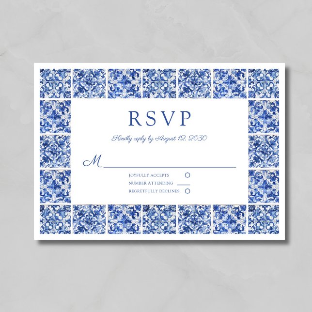 Cartons Réponse Elégant Mariage Carreaux Bleus (Elegant Blue Tiles Wedding RSVP Card)
