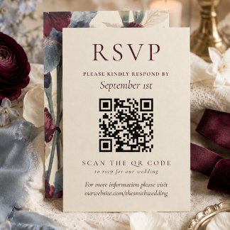Cartons Réponse Élégant Mariage Code QR Bourgogne et Bleu Poussiér