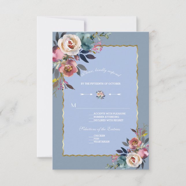 Cartons Réponse Elégant Mariage de cadre bleu rose floral bleu Dus (Devant)