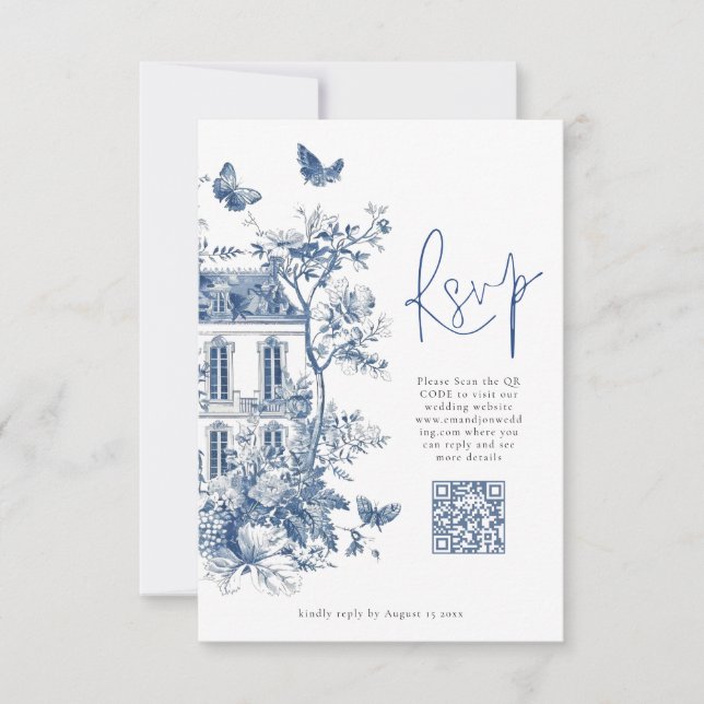 Cartons Réponse Élégant Mariage de code QR Toile Bleue De Jouy (Devant)