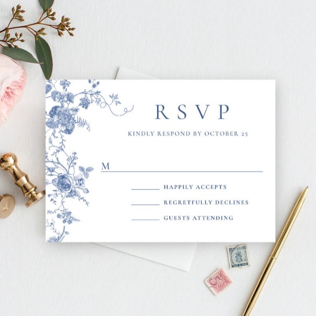 Cartons Réponse Élégant Mariage de Floral Bleu Victorien Français (Créateur téléchargé)