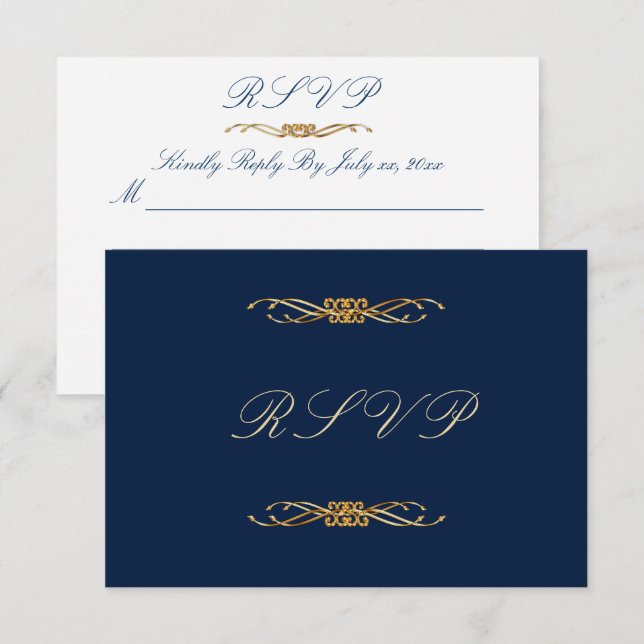 Cartons Réponse Elégant Mariage de marine et d'or (Devant / Derrière)