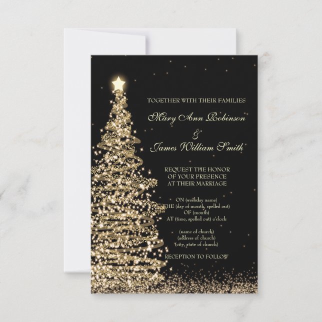 Cartons Réponse Élégant Mariage de Noël Gold Noir (Devant)