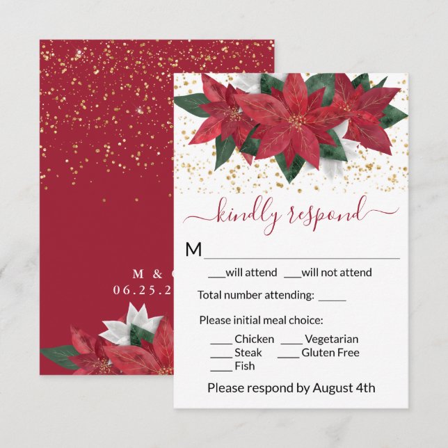 Cartons Réponse Élégant Mariage de Noël Poinsettia (Devant / Derrière)