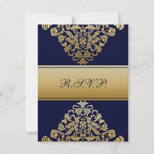 Cartons Réponse Élégant Mariage d'or de la marine Filigree (Devant)