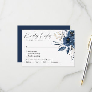 Cartons Réponse Élégant mariage floral bleu marine en écriture cur