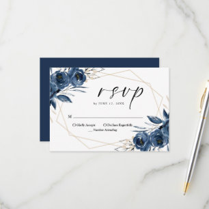 Cartons Réponse Élégant mariage floral bleu marine en écriture cur