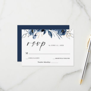 Cartons Réponse Élégant mariage floral bleu marine en écriture cur