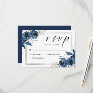 Cartons Réponse Élégant mariage floral bleu marine en écriture cur