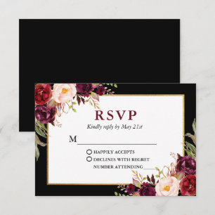 Cartons Réponse Élégant Mariage Floral Bourgogne Black Gold Frame