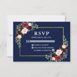 Cartons Réponse Elégant Mariage Floral Bourgogne Blue Gold Frame
