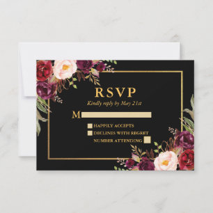Cartons Réponse Élégant Mariage floral de Bourgogne Black Gold RSV