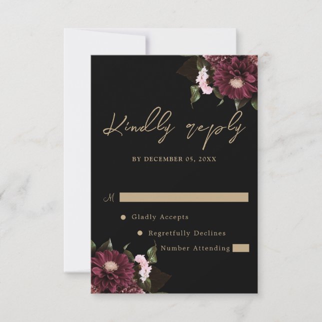 Cartons Réponse Élégant Mariage floral de Bourgogne noire (Devant)