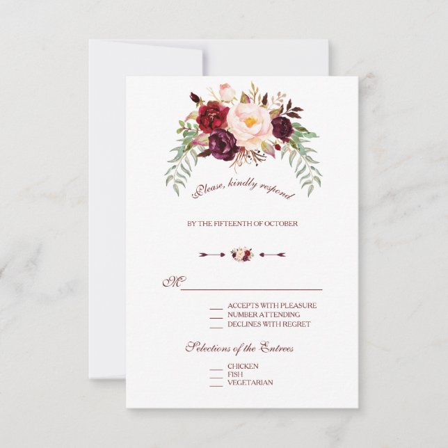 Cartons Réponse Elégant Mariage Floral de Marsala Rouge Bourgogne  (Devant)