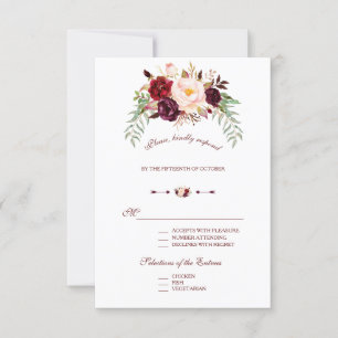 Cartons Réponse Elégant Mariage Floral de Marsala Rouge Bourgogne 