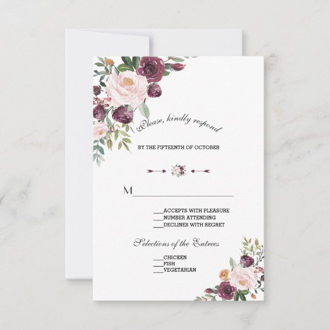 Cartons Réponse Élégant Mariage floral d'ivoire de Bourgogne (Devant)