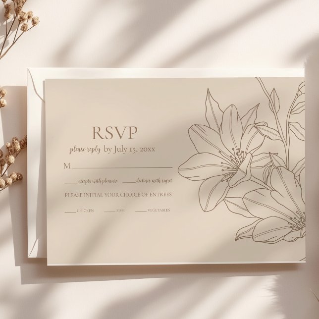 Cartons Réponse Élégant Mariage floral moderne Beige Lineart (Créateur téléchargé)