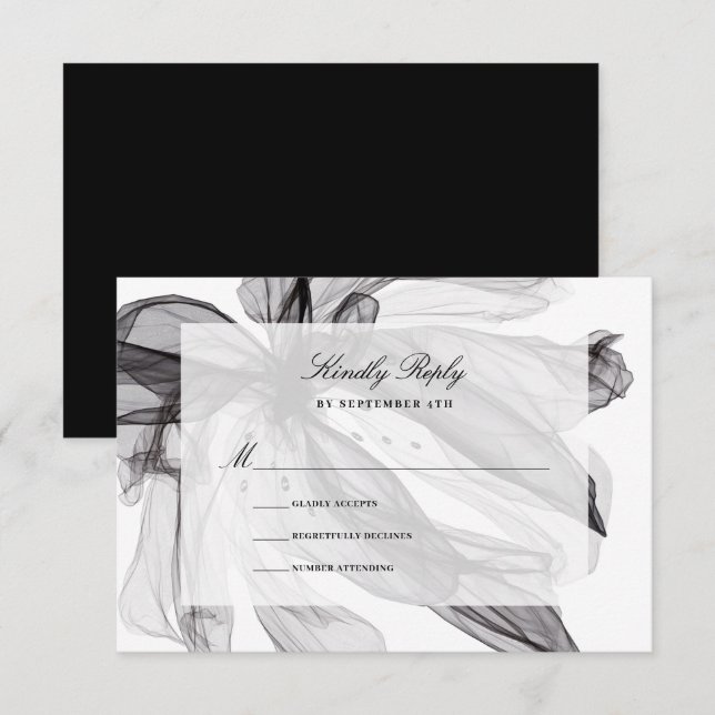 Cartons Réponse Élégant Mariage floral noir et blanc fumé (Devant / Derrière)