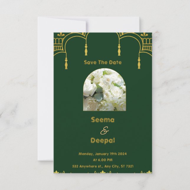 Cartons Réponse Élégant Mariage indien traditionnel en vert et Go (Devant)