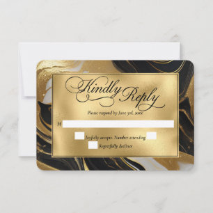 Cartons Réponse Elégant Mariage marbré Faux Gold, noir et blanc