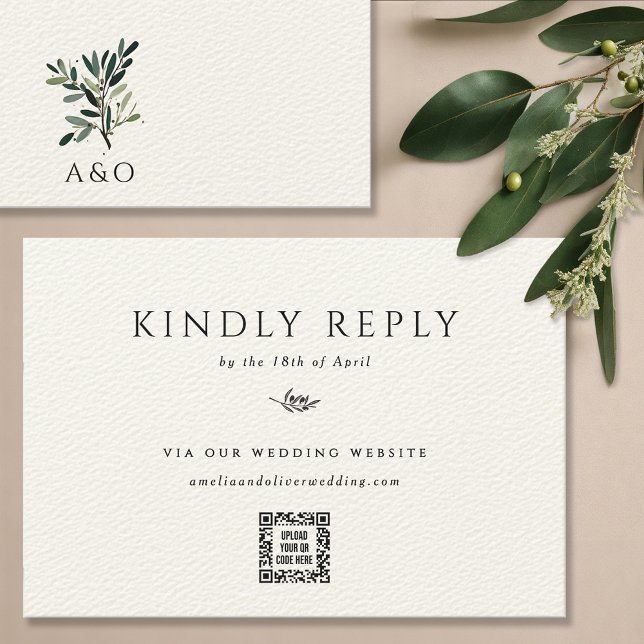 Cartons Réponse Élégant Mariage minimaliste de branche d'olivier (Olive tree branch wedding invitation suite RSVP card QR code response kindly reply card, web site)