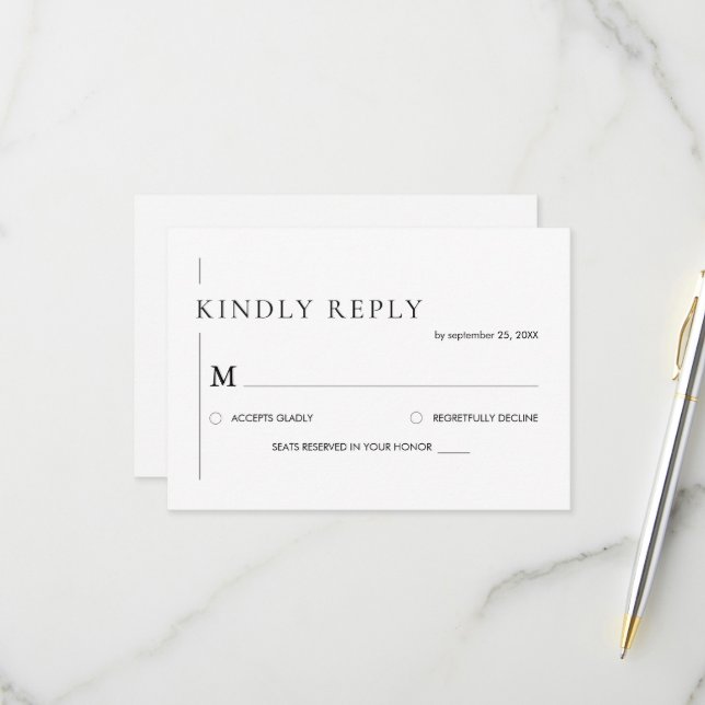Cartons Réponse Élégant Mariage noir et blanc simple (Devant/Arrière en situation)