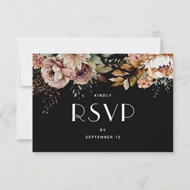 Cartons Réponse Élégant Mariage noir floral Boho | Choix de repas (Devant)