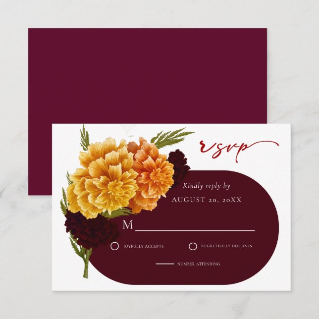 Cartons Réponse Elégant Mariage rouge Bourgogne MARIGOLD (Devant / Derrière)