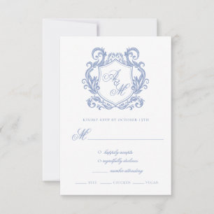 Cartons Réponse Élégant Monogramme Dusty Blue Crest Mariage