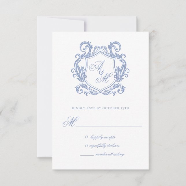 Cartons Réponse Élégant Monogramme Dusty Blue Crest Mariage (Devant)