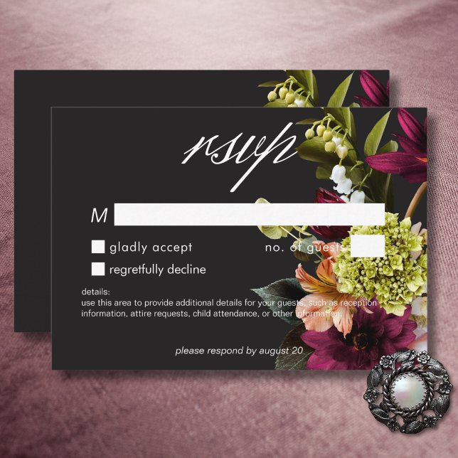Cartons Réponse Élégant Moody Bourgogne & Rose Floral Sans Dîner (Elegant Moody Burgundy & Pink Floral No Dinner RSVP Card)