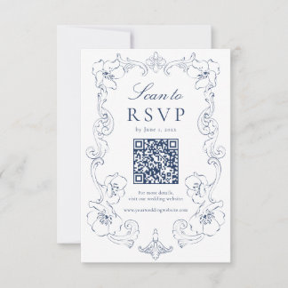 Cartons Réponse Elegant Navy Ornate Floral QR Code Wedding