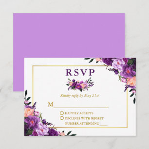 Cartons Réponse Elégant or Aquarelle violet Mariage floral