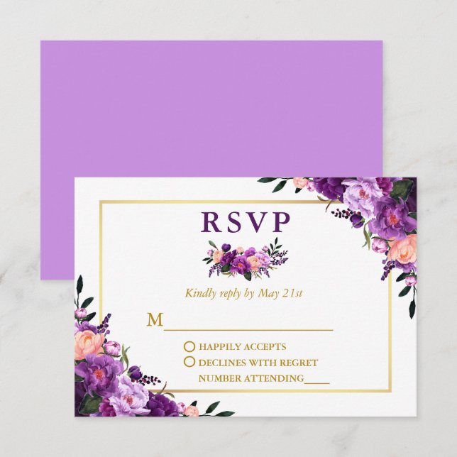 Cartons Réponse Elégant or Aquarelle violet Mariage floral (Devant / Derrière)
