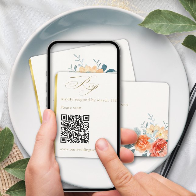 Cartons Réponse Élégant or Blush Floral Script Mariage QR Code (Créateur téléchargé)