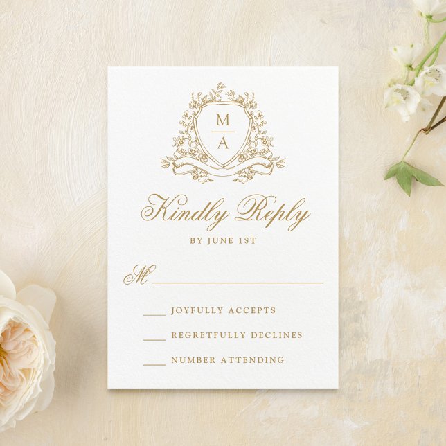 Cartons Réponse Élégant or Floral Crest Monogram Mariage (Créateur téléchargé)