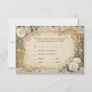 Cartons Réponse Élégant Or Rustique Dentelle Ivory Rose Perle Nœud