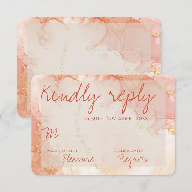 Cartons Réponse Elégant Peach Orange Gold Marble Mariage (Devant / Derrière)