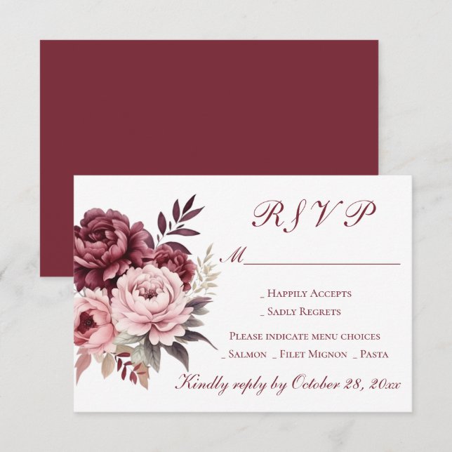 Cartons Réponse Elégant Peony Floral Aquarelle Bourgogne Mariage (Devant / Derrière)